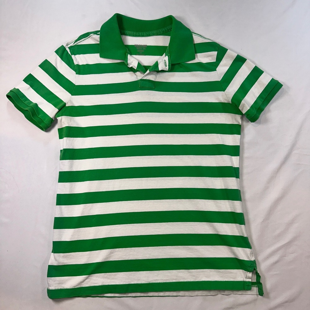 Mossimo‎ Mens Green White Striped Polo Shirt Athletic Fit Short Sleeve Size M
